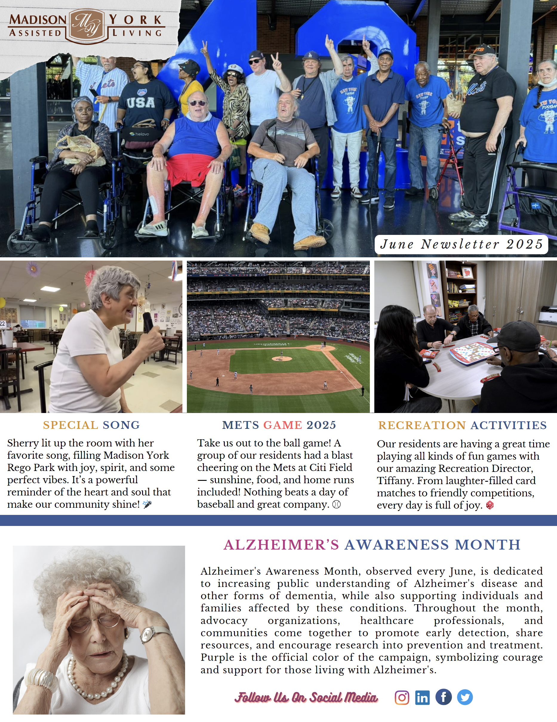 June 2025 newsletter with photos of a song performance, Mets game outing and recreation activities